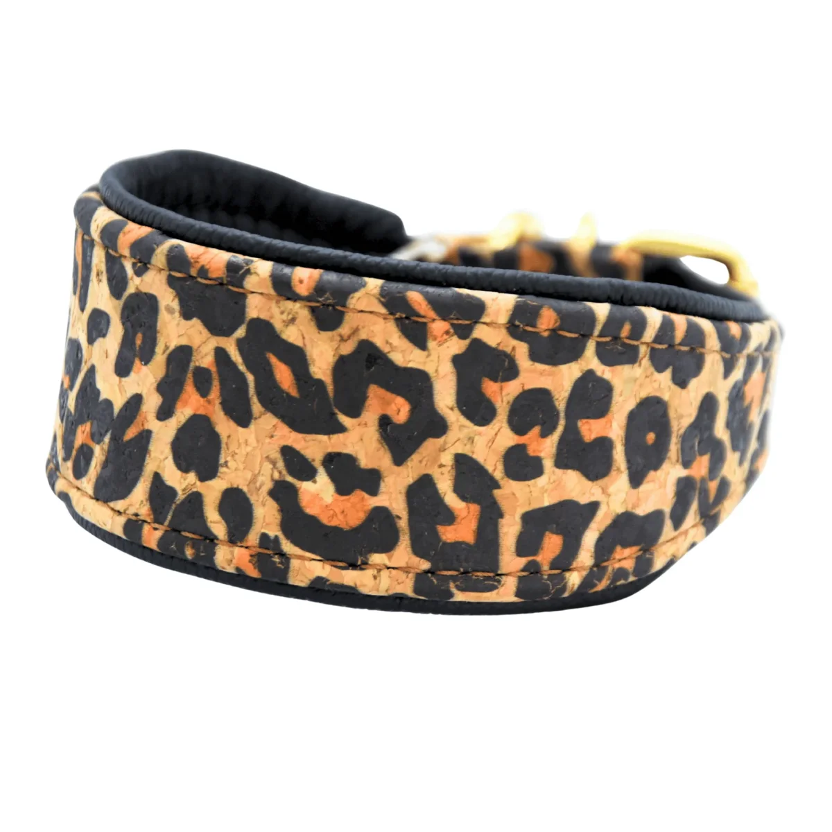 GOLDEN LEO Windhundhalsband aus Korkleder | breites gepolstertes Lederhalsband mit Leomuster